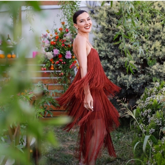 NWT ZARA STRAPPY FRINGE MIDI DRESS BROWN - Picture 4 of 8